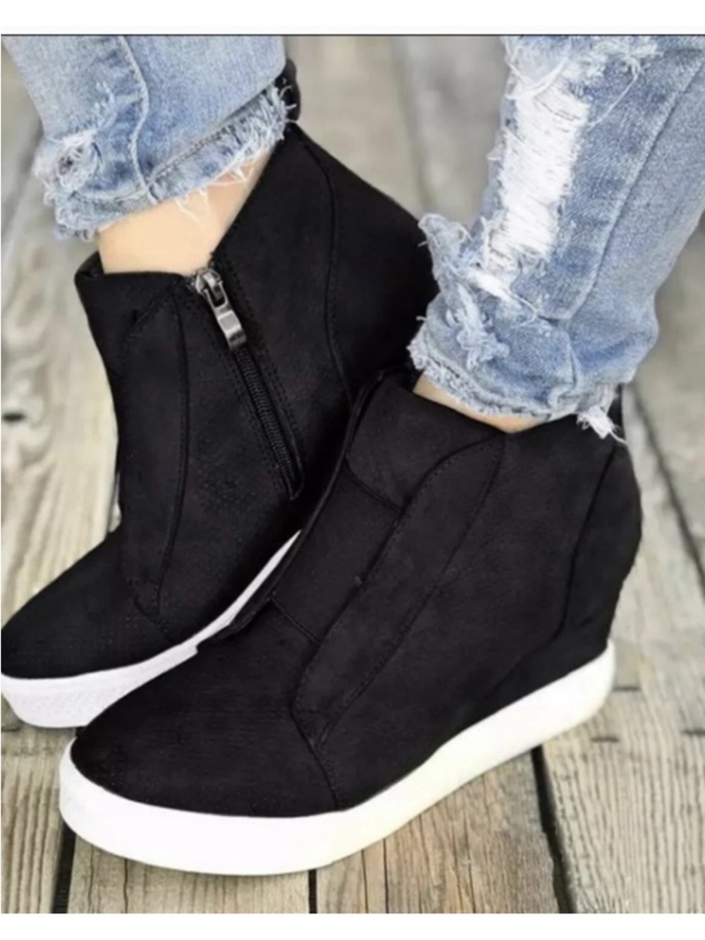 CCOCCI Zoey Wedge Ankle Booties Faux Leather Perforated Side Zip, Black, 6.5